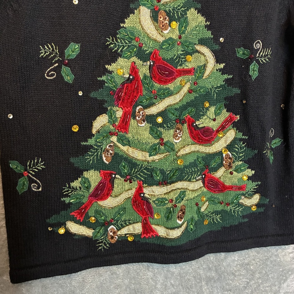 Womens Christmas Sweater PM Tree Birds Cardinals Heirloom Crewneck Beaded